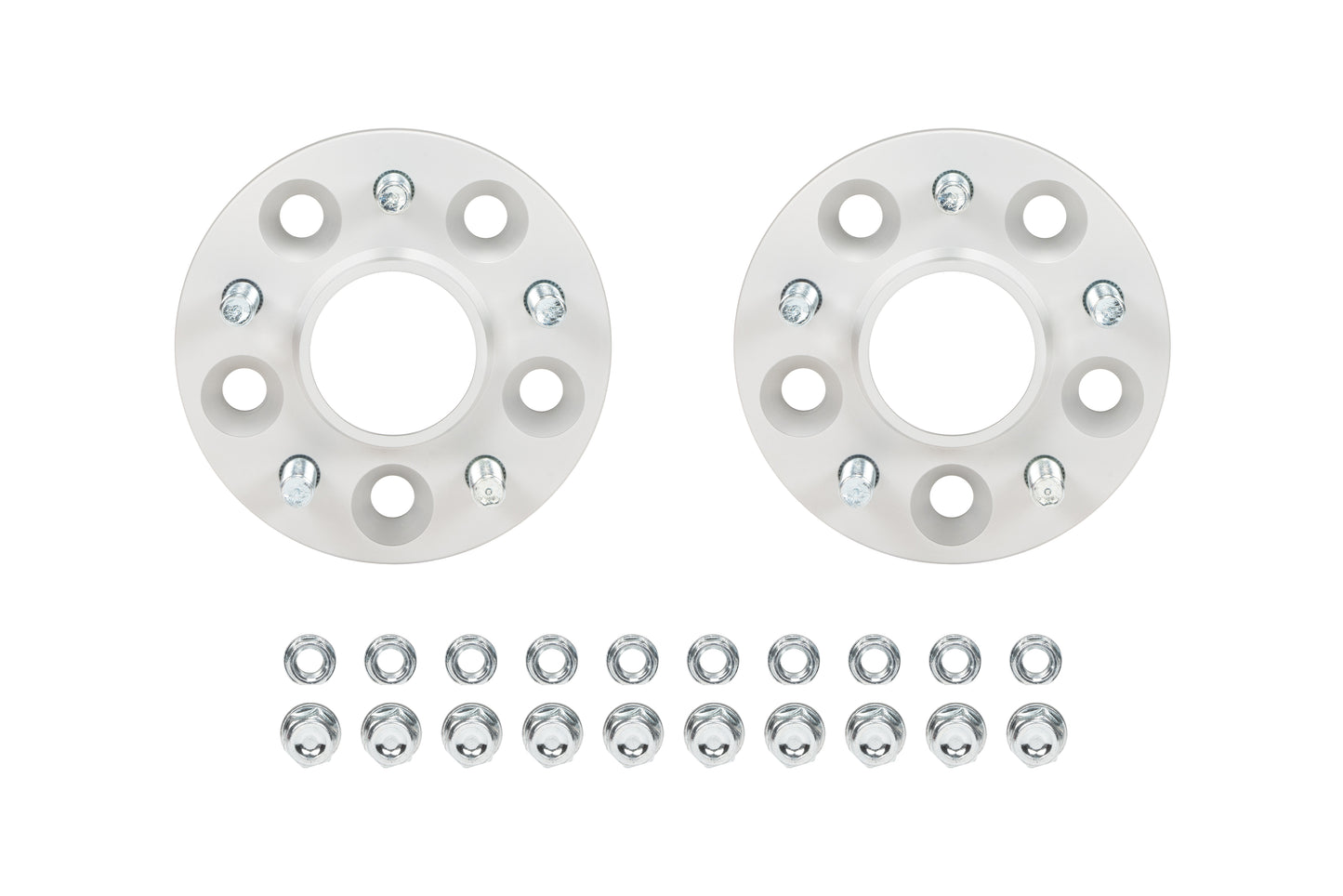 Front view of the Eibach Pro-Spacer 25mm kit for Lexus IS300, showing the high-strength aluminum spacers with pre-installed wheel studs