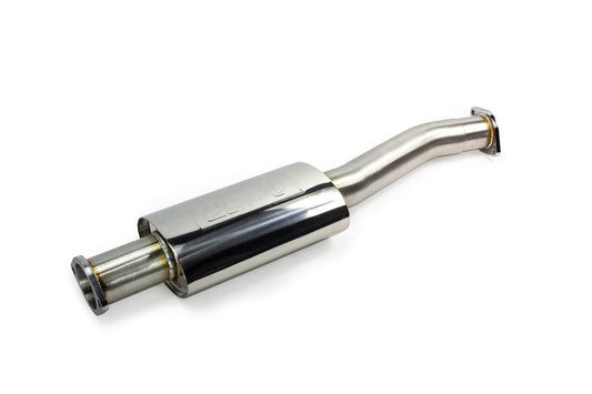 ISR Performance MBSE single exhaust system for Lexus IS300 2001-2005 mid-section view showing piping layout and resonator design