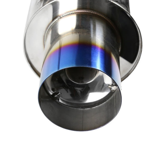 Spec-D T-304 stainless steel cat back exhaust system close-up of burnt exhaust tip showing heat-treated finish detail
