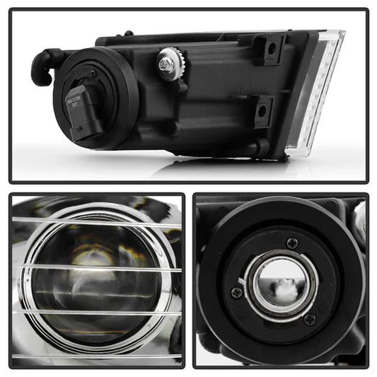 Spyder Auto clear OEM fog lights for Lexus IS300 2001-2005 shown in close-up from different angles highlighting lens clarity and housing design