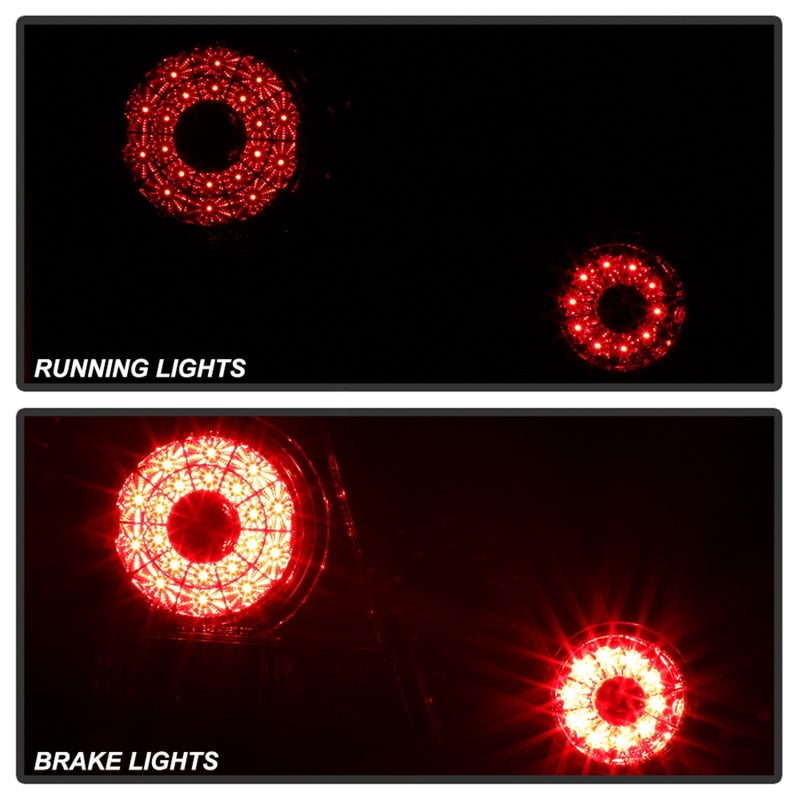 Spyder Auto LED taillights for Lexus IS300 2001-2005 showing running lights versus brake lights comparison with illuminated LED patterns