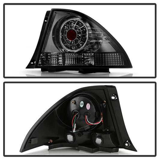 Spyder Auto smoke LED taillights for Lexus IS300 2001-2005 showing front and back views highlighting smoked lens design and LED lighting