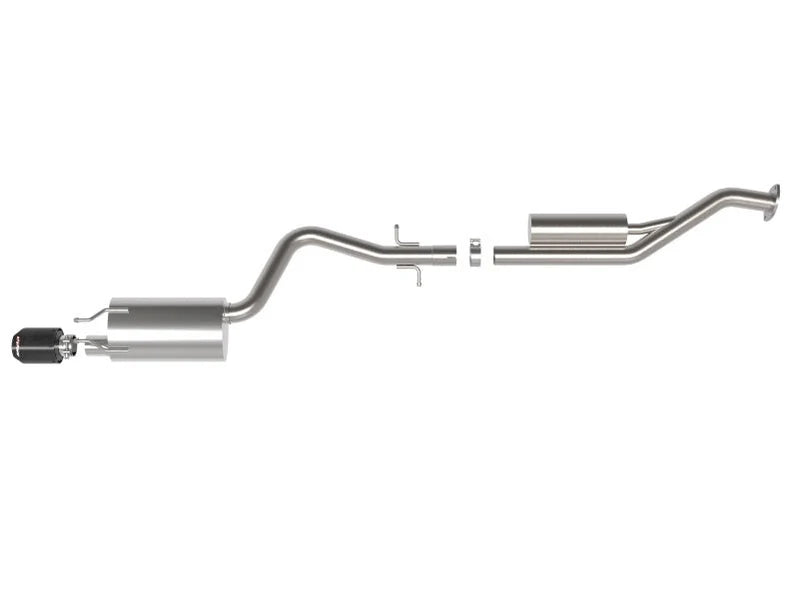 aFe Takeda cat back exhaust system for Lexus IS300 2001-2005 carbon fiber tip top view showing muffler and exhaust pipe layout