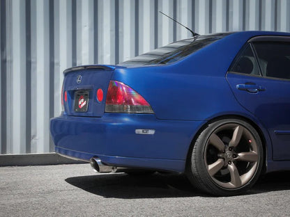 aFe Takeda cat back exhaust system installed on Lexus IS300 2001-2005 with polished tip on-car rear view showing exhaust fitment and exit