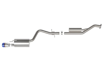 aFe Takeda cat back exhaust system for Lexus IS300 2001-2005 titanium blue tip side view showing exhaust piping and muffler design
