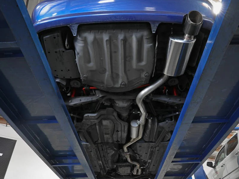 aFe Takeda cat back exhaust system for Lexus IS300 2001-2005 titanium blue tip underside view showing full exhaust routing and piping layout