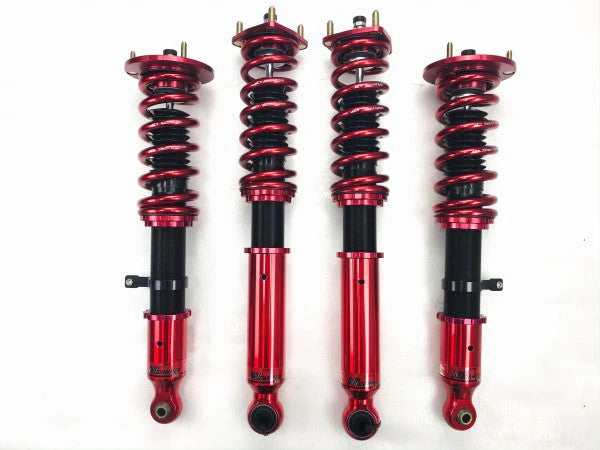Complete APEXi N1 ExV coilover kit for 2001-2005 Lexus IS300 featuring red springs, black threaded bodies, and 32-way adjustment knobs