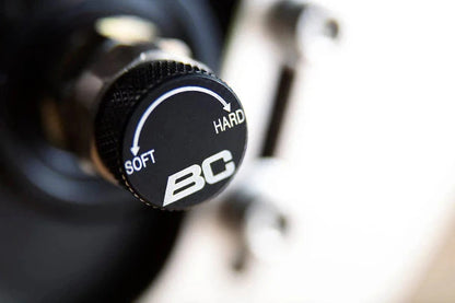 BC Racing coilover top adjustment knob for soft to hard damping settings on Lexus IS300