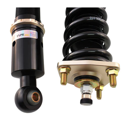 Close-up of BC Racing coilover components showing bottom and top ends from reverse angle for Lexus IS300 suspension