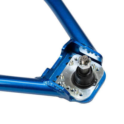 Cusco adjustable front upper control arms for Lexus IS300 2001-2005 close-up of adjustment mechanism showing turnbuckle, threading, and alignment settings
