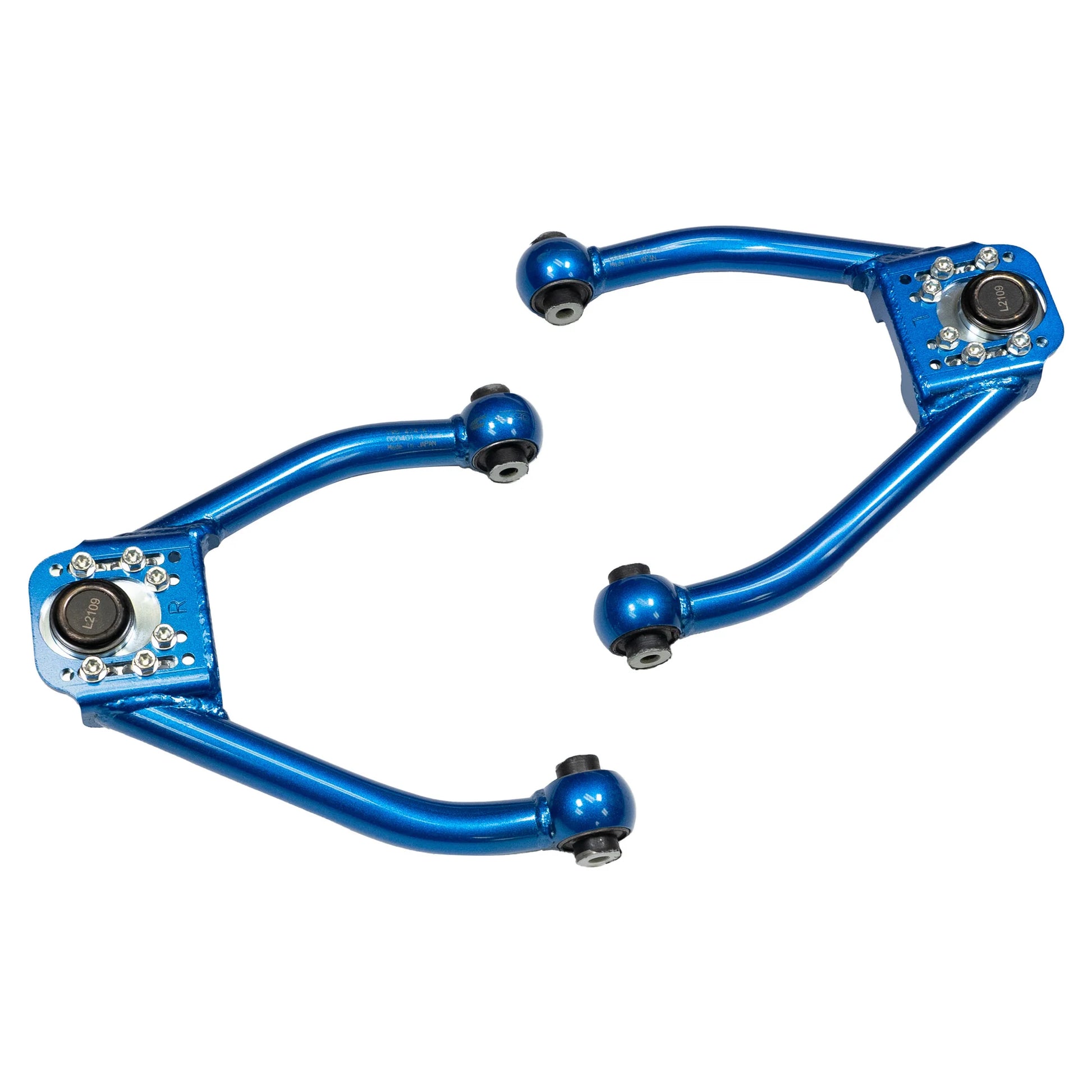 Cusco adjustable front upper control arms for Lexus IS300 2001-2005 shown from different angle highlighting adjustment mechanism, rod ends, and mounting points