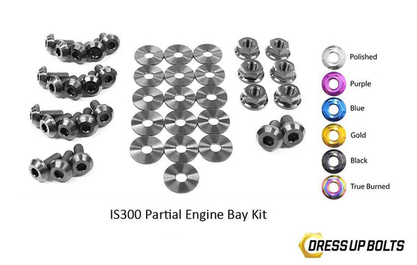 Dress Up Bolts titanium partial engine bay kit in black finish for Lexus IS300 1998–2005