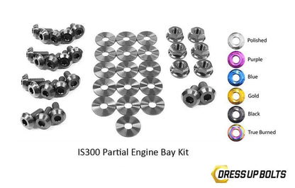 Dress Up Bolts titanium partial engine bay kit in black finish for Lexus IS300 1998–2005