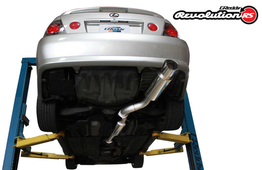 Underside view of a Lexus IS300 with the GReddy Revolution RS V2 catback exhaust, showing the 3-inch 304 stainless steel piping and large resonator