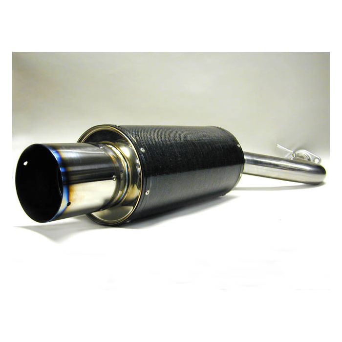 HKS Carbon-Ti axle-back exhaust for 2001-2005 Lexus IS300, featuring a polished stainless steel muffler and a 120mm carbon-wrapped titanium tip
