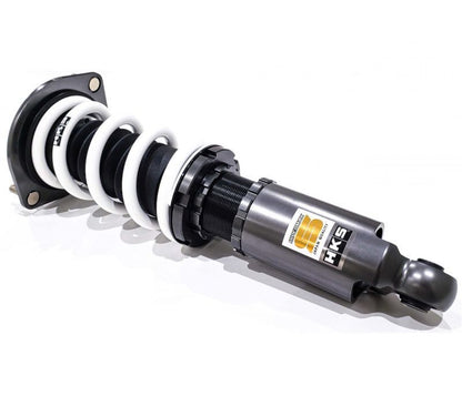 Full HKS Hipermax S coilover kit for Lexus IS300 SXE10 featuring silver bodies and signature purple accents