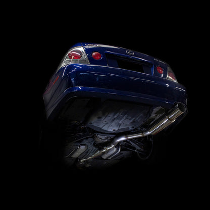 ISR Performance GT single exhaust system installed on Lexus IS300 2001-2005 on-car rear view showing fitment and exhaust tip exit