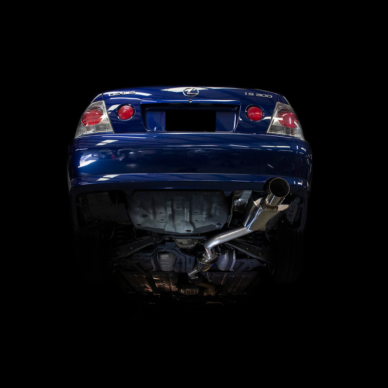 ISR Performance MBSE single exhaust system installed on Lexus IS300 2001-2005 on-car rear view showing exhaust fitment and tip exit