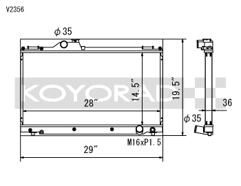 Koyo radiator dimension sheet for Lexus IS300 2001-2005 manual transmission showing core size, inlet and outlet positions, and mounting measurements
