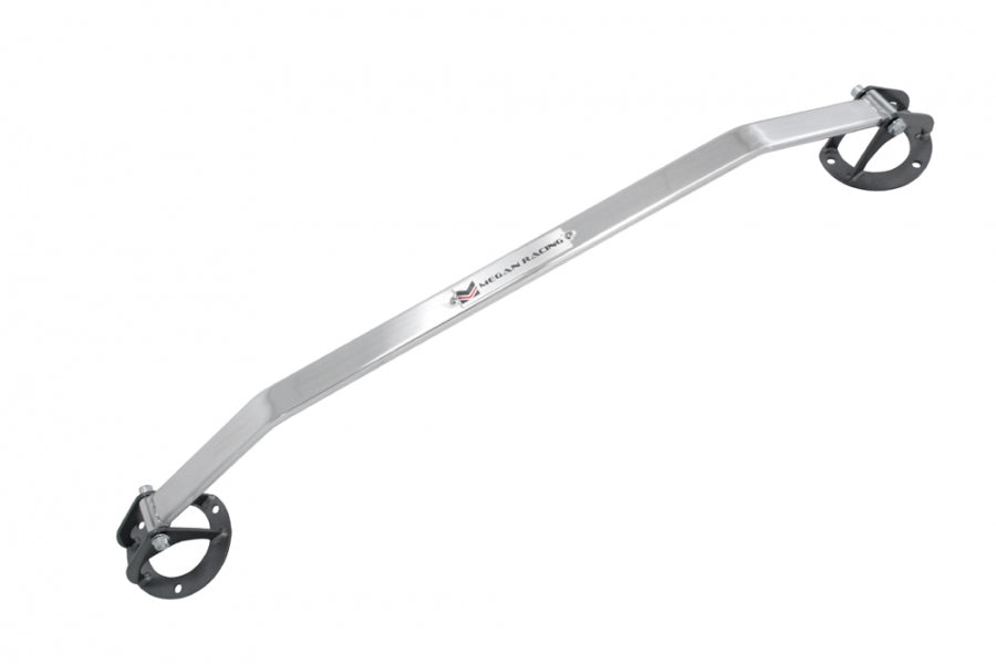 Megan Racing Race-Spec front strut tower bar for 2001-2005 Lexus IS300, featuring a polished aluminum one-piece design