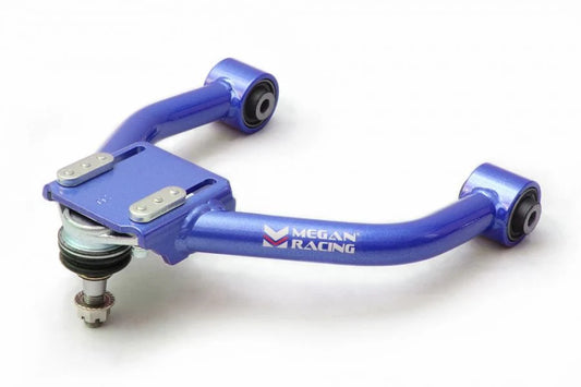 Pair of Megan Racing front upper camber arms for 2001-2005 Lexus IS300 in signature blue finish with heavy-duty ball joints