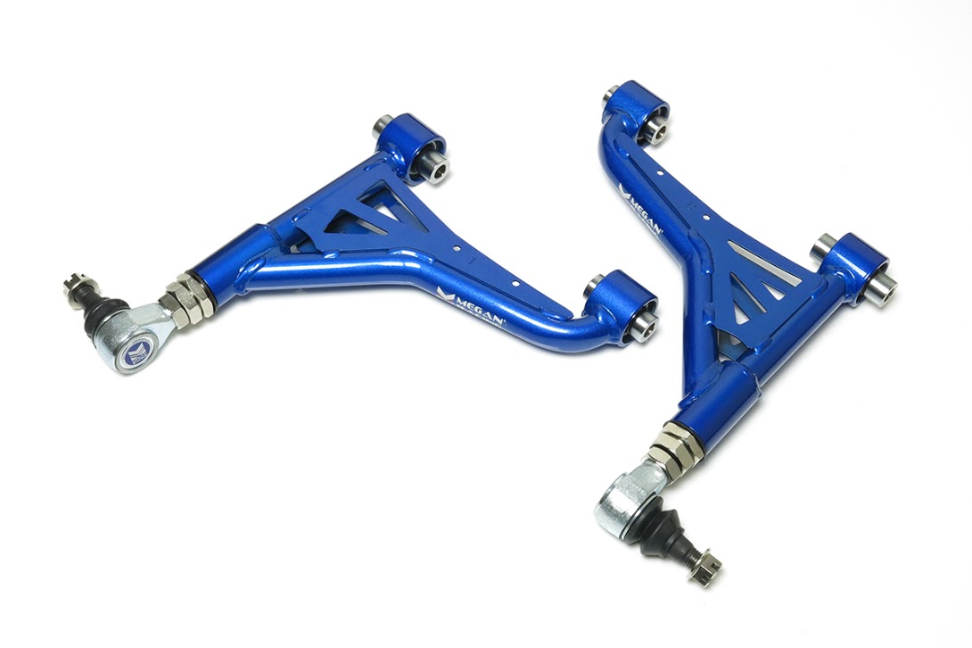 Pair of Megan Racing rear upper control arms for 1999-2005 Lexus IS300 in signature blue steel with adjustable turnbuckles