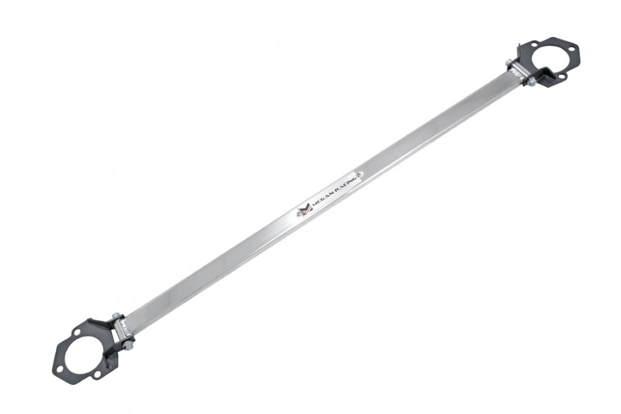 Megan Racing Race-Spec rear strut tower bar for 2001-2005 Lexus IS300 featuring a solid one-piece aluminum bar and blue steel brackets