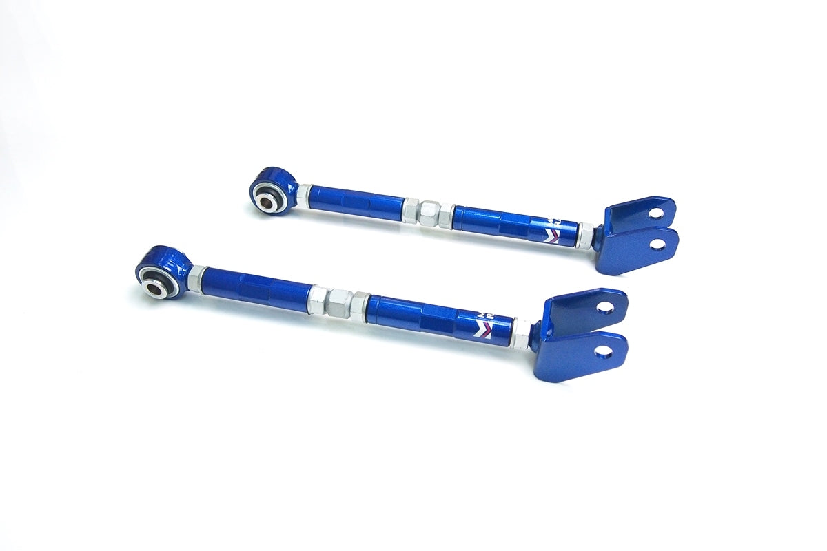 Pair of Megan Racing rear traction rods for 1998-2005 Lexus IS300, featuring a blue powder-coated finish and pillow-ball ends