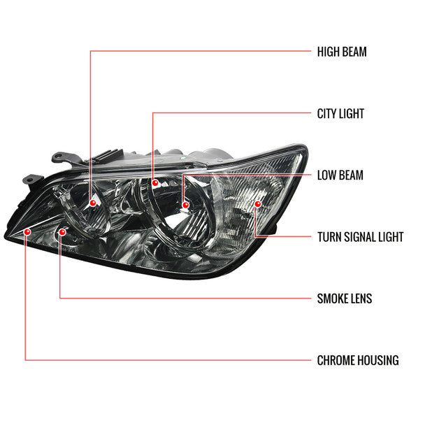 Spec-D factory style crystal headlights with chrome housing and smoked lens labeled features showing reflector design, lens tint, and housing components