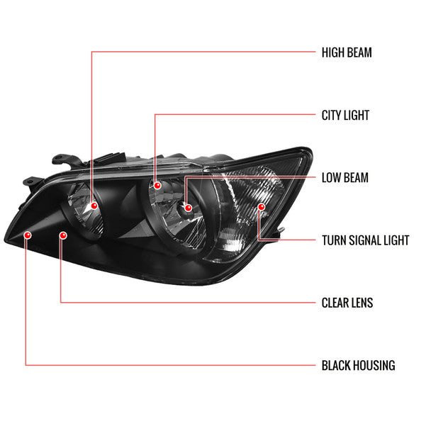 Spec-D factory style crystal headlights with matte black housing and clear lens labeled features showing reflector housing, crystal lens design, and mounting points
