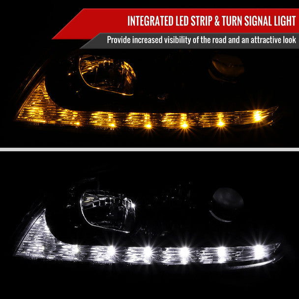 Spec-D projector headlights with LED light strip and integrated LED turn signal close-up showing LED detailing in matte black housing with clear lens