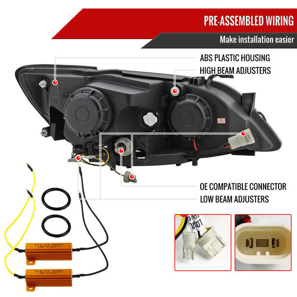 Spec-D projector headlights with LED light strip and integrated turn signal showing rear housing features and wiring connections in matte black with clear lens