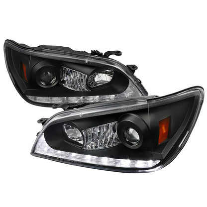 Spec-D projector headlights with LED light strip and LED turn signal lights, matte black housing with clear lens aftermarket headlight upgrade
