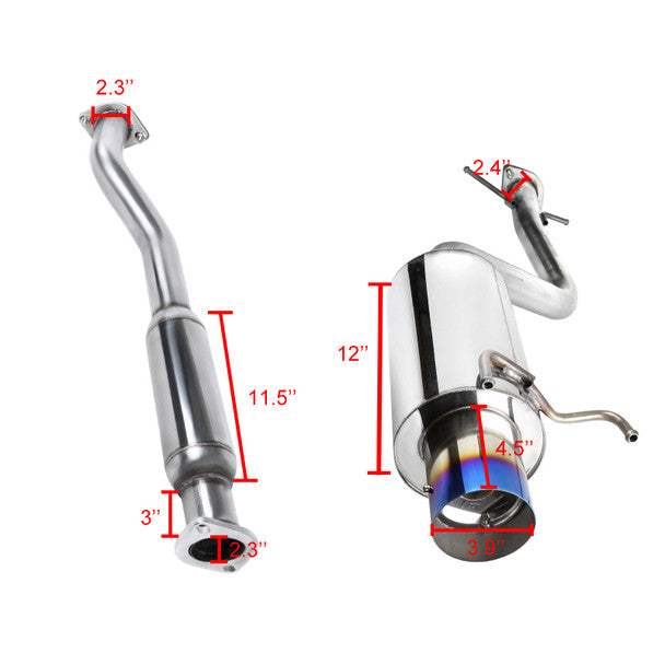 Spec-D T-304 stainless steel cat back exhaust system dimension sheet showing exhaust length, piping diameter, and mounting measurements
