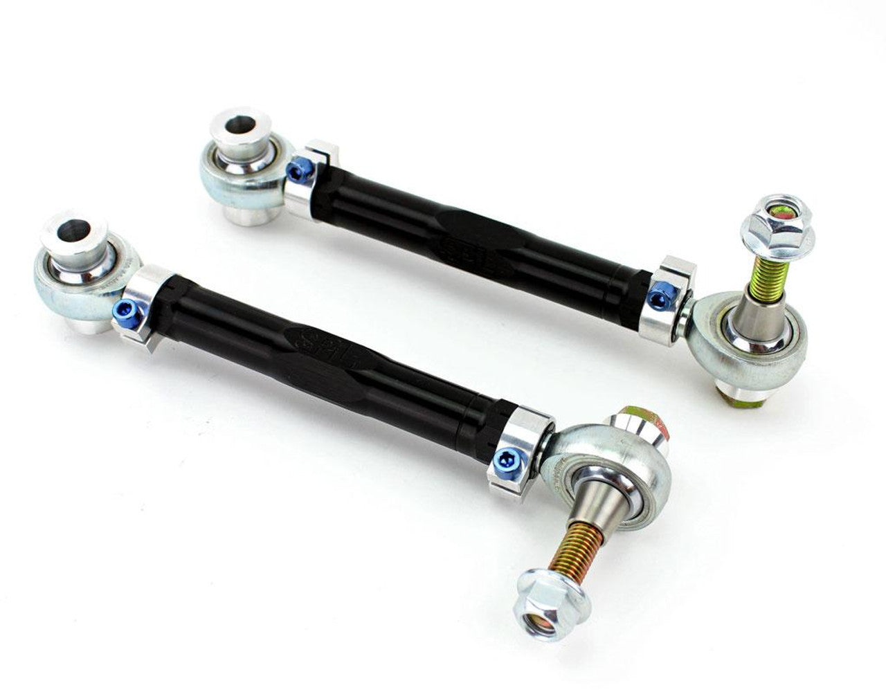 SPL Parts Titanium Series rear toe arms for Lexus IS300 2001-2005 shown from different angle highlighting adjustment links, rod ends, and mounting hardware
