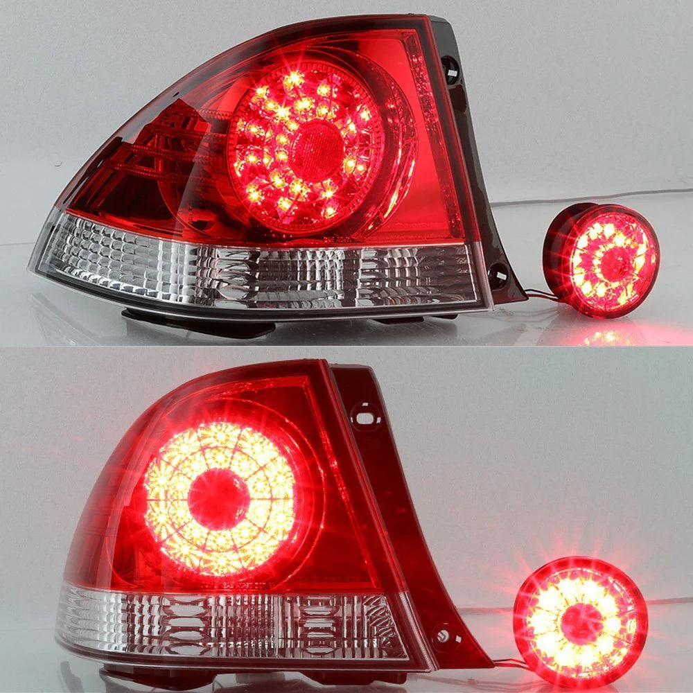 Spyder Auto LED red and clear tail lights for Lexus IS300 2001-2003 illuminated view showing LED brake and running light patterns