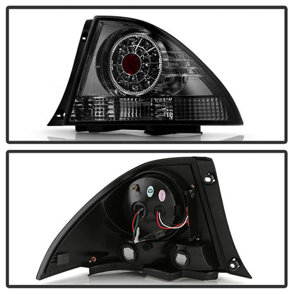 Spyder Auto smoke LED taillights for Lexus IS300 2001-2005 showing front and back views highlighting smoked lens design and LED lighting